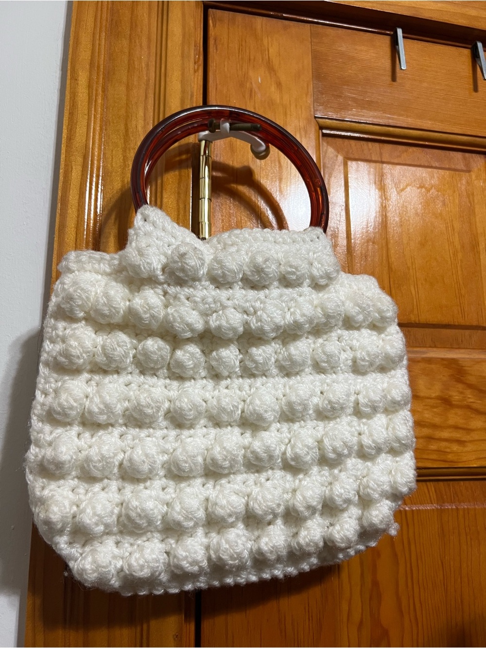 Handcrafted White Crochet Bubble Tote with Tortoiseshell Handles